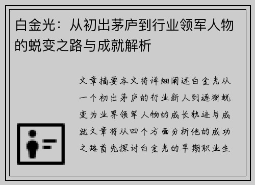 白金光：从初出茅庐到行业领军人物的蜕变之路与成就解析